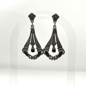 Vintage Art Deco Style Black Enamel Teardrop Dangle Earrings Silver Tone Gothic